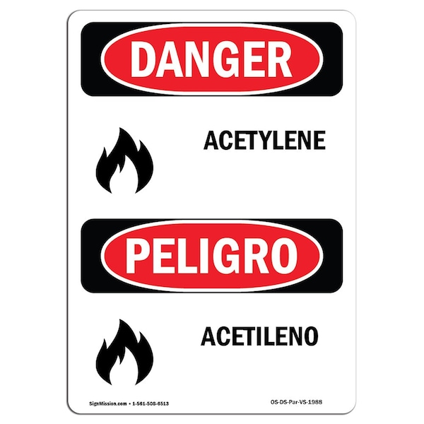 Safety Sign, OSHA Danger, 5" Height, Acetileno, Bilingual Spanish, 10PK